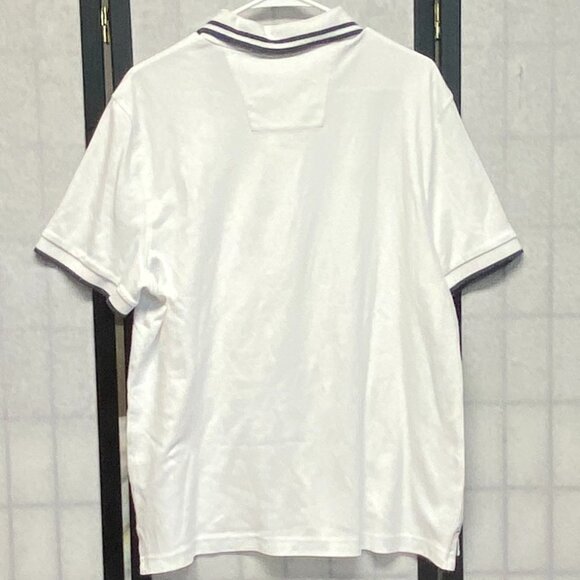 Nautica Short Sleeve Striped Band Collar Sleeve 2 Button Polo Shirt White Navy L - Picture 2 of 12